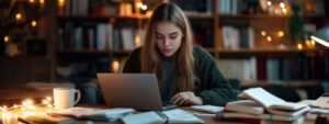College student studying at night with fairy lights in the background