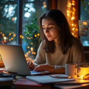 College student studying on a laptop at night with warm fairy lights in background