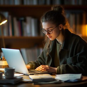 Female student with glasses typing at her laptop surrounded by notes