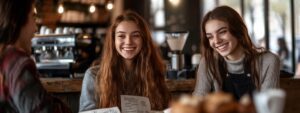 Three happy college students chatting over menus at a coffee shop