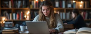 Student typing on laptop in cozy library space with coffee beside her