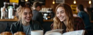 Two college girls laughing and talking over coffee and books in a café.
