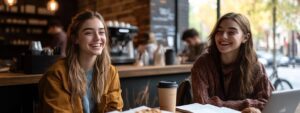 Two students laughing while reviewing notes with coffee at a café.