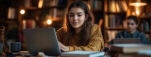Smiling student in a mustard sweater working on her laptop in a softly lit library setting.