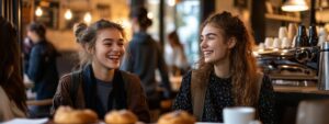 Two college friends laughing over breakfast and coffee