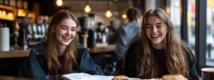 Two smiling students sitting in a café with notebooks and pastries on the table.
