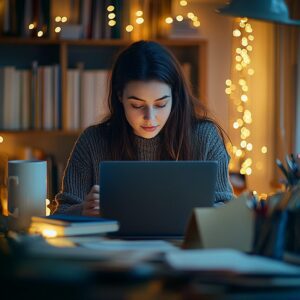 College student studying on a laptop at night surrounded by lights and books.