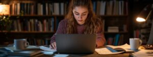 Young woman preparing for an online test in a book-filled study room