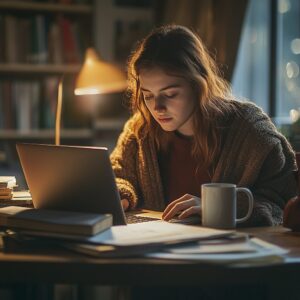 Young woman studying late at night with laptop and notes