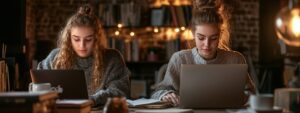 Two college girls working on laptops in a warmly-lit library.