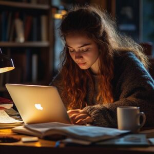 A student studying late at night with a laptop and study notes under warm desk lighting.