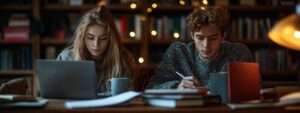 Two college students focused on studying at a cozy library table with laptops and books.
