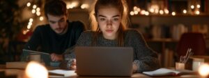 Focused female student taking an online exam at night with male student working beside her