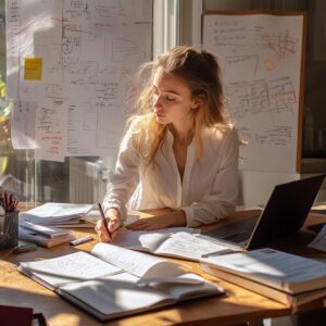 Blonde student in a white blouse surrounded by notes, books, and research diagrams.