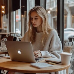 A student working on a laptop in a café with a coffee.