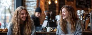 Two female students smiling and chatting at a coffee shop.