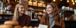 Two college girls smiling and talking in a coffee shop, holding notebooks.
