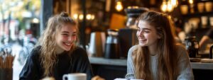 Two happy female students chatting in a café with study books on the table.
