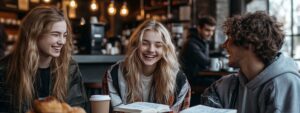 Three students laughing together at a coffee shop with notebooks