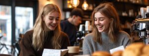 Two smiling students enjoying coffee and chatting in a café.
