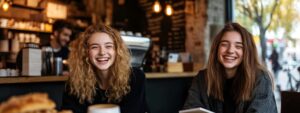 Two female students smiling at a coffee shop with study materials on the table.
