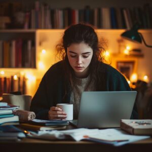 Student studying alone at desk with coffee and books