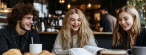 Three happy students laughing over coffee and books