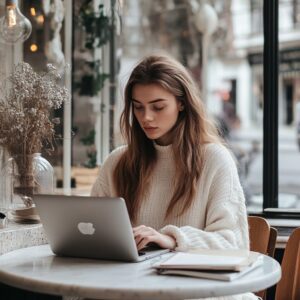 Student working on her laptop in a bright cafe with notebooks and coffee.