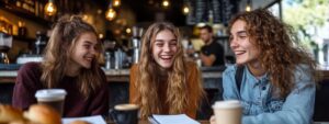 Three college students laughing while studying together in a café.