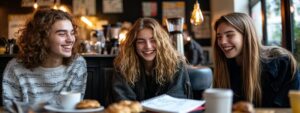 Three friends smiling and laughing in a café with notebooks and pastries on the table.