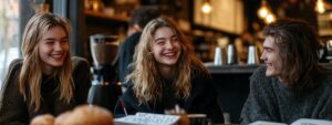 Three college students smiling and laughing while studying together at a café.