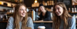 Two smiling students sitting at a coffee shop table, chatting and laughing, with coffee and books nearby.