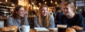 Three college girls laughing over coffee in a cozy café with notebooks.