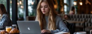 College student calmly studying with a MacBook and breakfast at a café