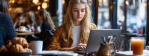 Blonde college student working on a laptop in a coffee shop with books and coffee.