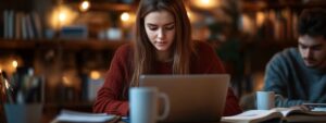 A college student in a red sweater working on her laptop in a study area.