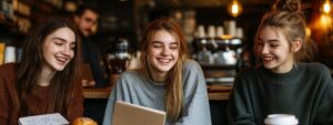 Three college girls laughing together in a coffee shop with books and notebooks.