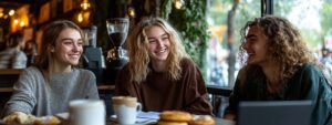 Group of three college friends smiling and enjoying coffee at a café