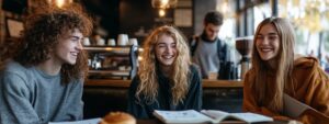Three college students laughing together in a cozy café with books and notebooks open.