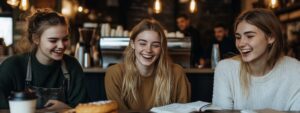 Three college students laughing and chatting in a cozy cafe.