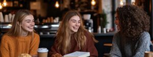 Three college students laughing together in a coffee shop during a study break.