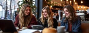 Three female college students smile while using tablets and laptops in a festive coffee shop.