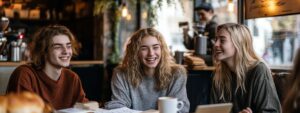 Three smiling students chatting and working together in a café setting.