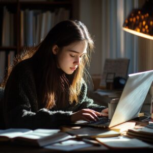 Young woman studying by sunlight, surrounded by books and a laptop