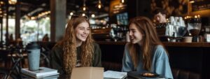 Two young women studying and smiling in a trendy café