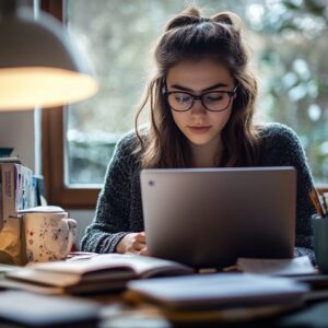 Focused student studying at a desk near a window with a laptop and books.