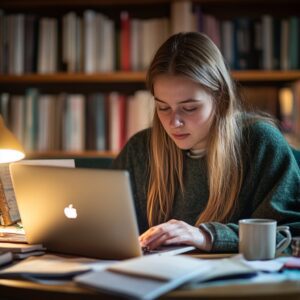 College student studying alone at a desk surrounded by books and a laptop