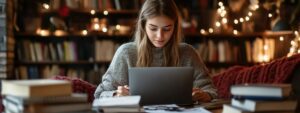 Female student studying alone on a laptop in a warmly lit library.