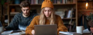 Two college students studying together in a warm, cozy setting with laptops and notebooks.