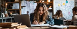 Focused college student writing in notebook beside a laptop in a collaborative study space.